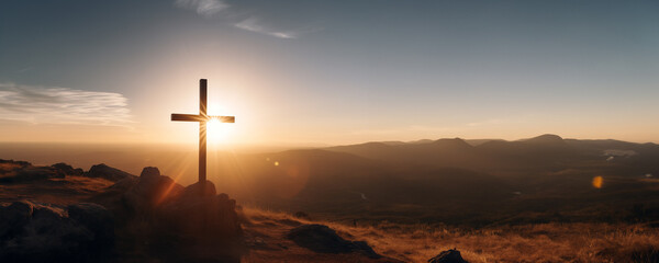 Christian cross banner of a wooden cross on hilltop with copy space