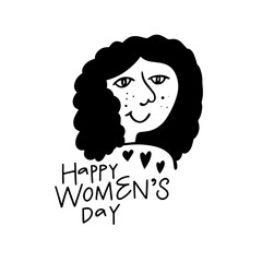Happy Women's day phrase and woman face sign vector illustration.