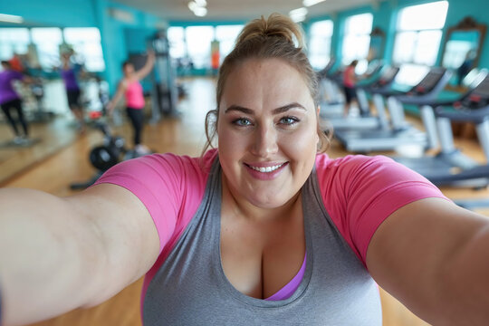 Body Positive Woman Taking Selfie in Gym. Generative AI.