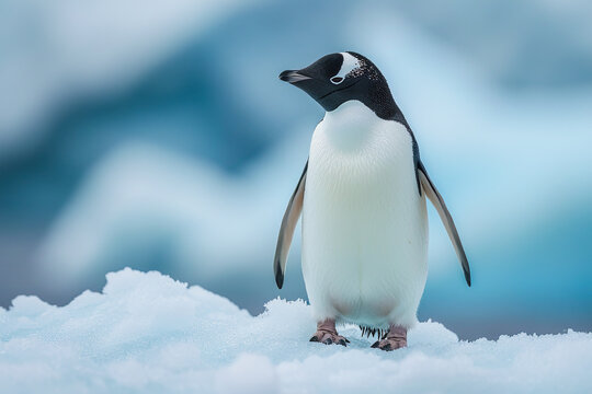Gentle penguin stands on snow with a soft blue background Generative AI image
