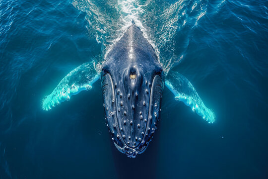 Majestic humpback whale swimming in deep blue ocean Generative AI image