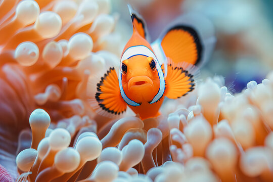 Vibrant clownfish nestled in a sea anemone's embrace Generative AI image