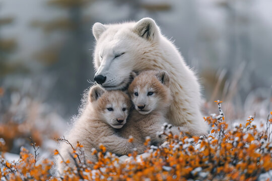 Arctic wolf family nestled in colorful tundra flora Generative AI image