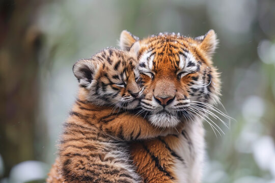 Tender moment between a tiger and her cub Generative AI image