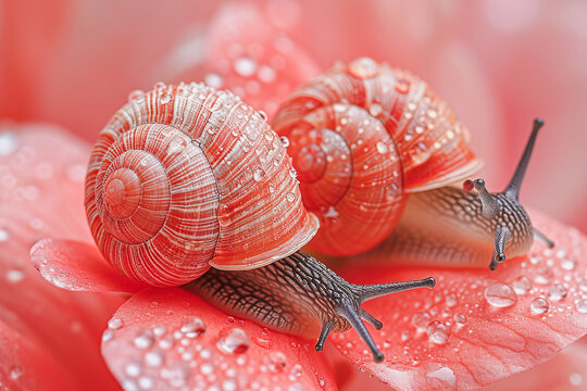 Snails on a Dew-Kissed Red Flower Petal in Close-up Generative AI image