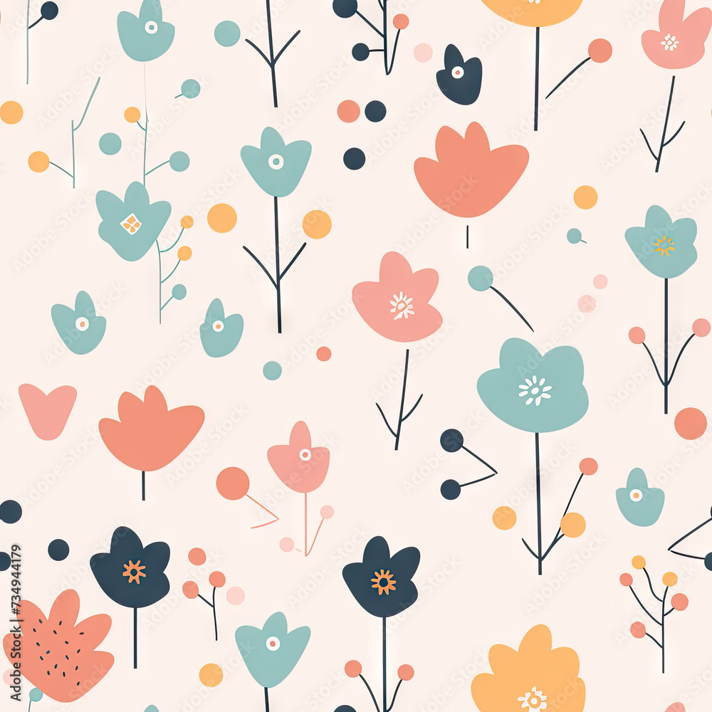 Wall mural Seamless floral pattern with stylized flowers in pastel colors - Generative AI