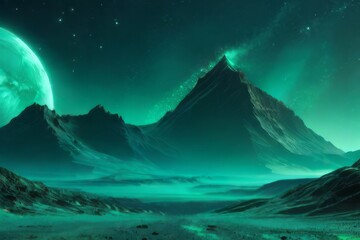Dark mountains, Shimmering emerald dust, alien night landscape, a monochromatic teal palette. surreal ambiance.