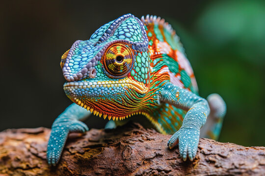 Colorful chameleon perched on a tree branch Generative AI image