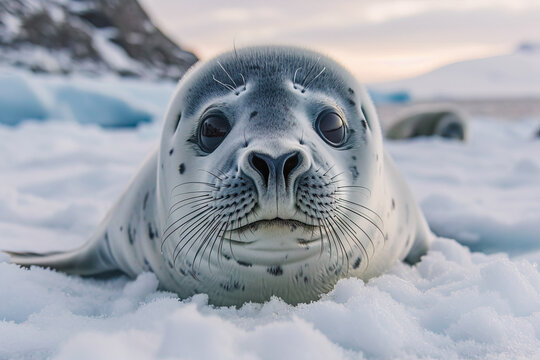 Curious seal pup lounging on icy terrain Generative AI image