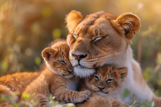 Tender moment between lioness and cubs at sunset Generative AI image