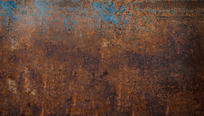 Old rusty brown scratch blue dark panoramic panel. Abstract background with metal dark rusty bronze metallic backdrop. Texture with damaged spots. Luxury warm, corrosion oxidized rusty aged metal