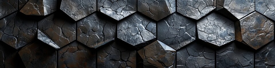 Industrial black wall featuring a grid-like layout of metallic polygons. - obrazy, fototapety, plakaty