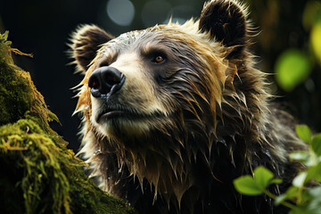 Majestic wet bear gazing in lush forest Generative AI image