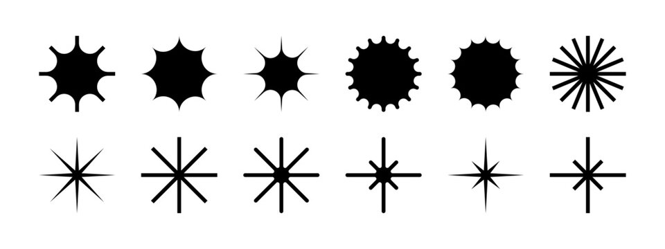 Set of black stars and sun icons. Sunburst, light, bling, twinkle, flash signs. Simple magic, celebration, holiday symbols. Galaxy, space, cosmic, stellar pictograms. Vector flat illustration.