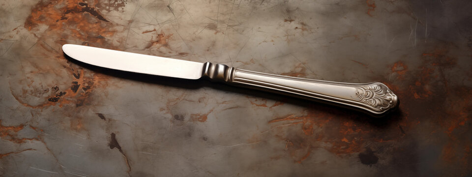 A luxurious silver knife resting on a sleek gray marble surface. This elegant image exudes sophistication and refinement, perfect for showcasing culinary excellence, fine dining experiences