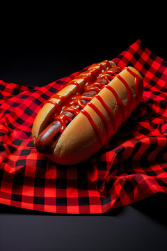Delicious hot dog with mustard and ketchup on checkered cloth Generative AI image