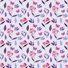 Cute romantic spring wildflowers pattern on light grey background. Ditsy floral print, purple and orange colors