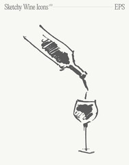 Wine pouring from a bottle into a glass. Hand drawn vector illustration. Isolated sketch. - 734945187