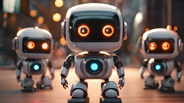 Close-up group of robot looking different angle and to camera