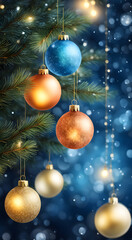 lights and blue background of christmas bauble bokeh effect watercolor trending on artstation. christmas background with balls