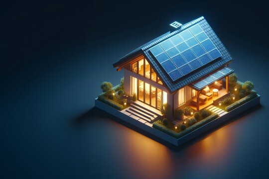 Generated image a small house with solar panels on the roof, a digital rendering, at night, web design banner, sustainability