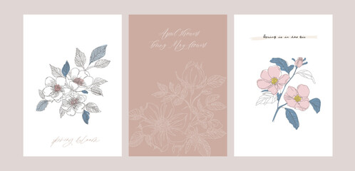Floral greeting cards, set of gentle flowers, spring roses, camelias, wild rosehip.