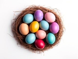 Fototapeta na wymiar Easter colored eggs in a basket on a white background. Top view. Easter background.
