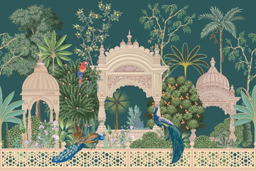 Mughal garden with peacock, parrot, plant and botanical tree landscape illustration pattern - obrazy, fototapety, plakaty