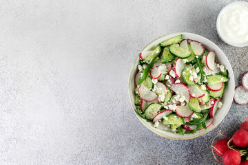 Vegetarian salad of radishes, cottage cheese, sour cream and arugula on a gray background. Top...