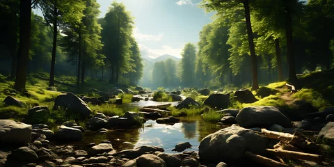 Foto op Canvas Beautiful landscape with a mountain river in the rays of the setting sun © Graphicsstudio 5