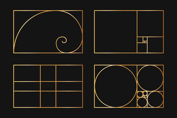 Collection of golden ratio templates. Logarithmic spiral. Fibonacci sequence as rectangle frames divided on lines, squares and circles. Perfect nature symmetry proportions grids. Vector illustration
