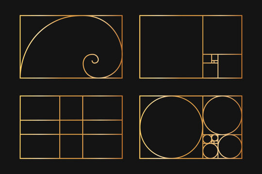 Collection of golden ratio templates. Logarithmic spiral. Fibonacci sequence as rectangle frames divided on lines, squares and circles. Perfect nature symmetry proportions grids. Vector illustration