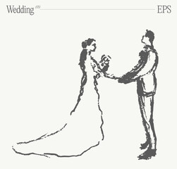 Bride and groom at the wedding ceremony. Hand drawn vector illustration, sketch.