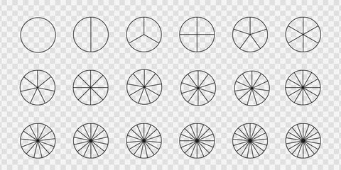 Simple donut or pie chart templates. Circles divides into equal parts from 1 to 18. Round shapes cut in slices. Set of graphic wheel diagrams with sectors. Vector outline illustration.