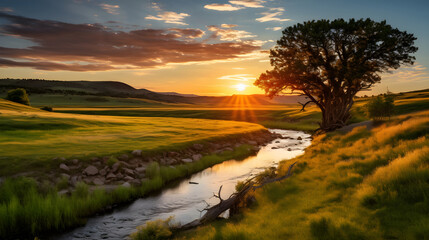 Untamed Grandeur: A Dusk Scene of a Meadow with Meandering Stream, Majestic Trees, and a Solitary Mountain