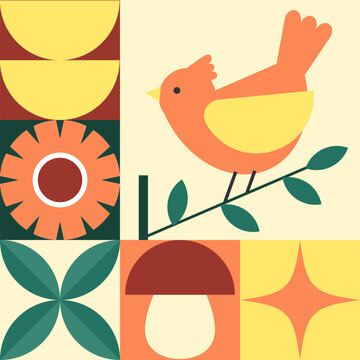 Modern geometric banner. Bird, flowers and leaves in flat minimalist style.
