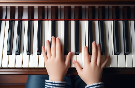 Top view of a hand, a child piano keyboard. Small child's hand on a piano keyboard. Education, child concept.