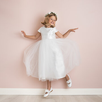 blonde girl 9 years old in a white festive dress on a pale pink background, dress for a wedding, first communion, birthday, celebration