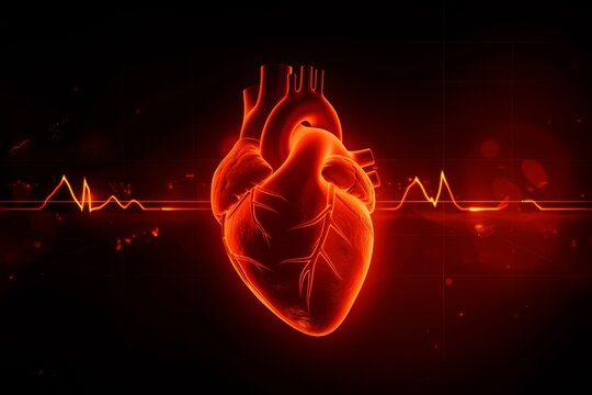 Abstract human heart shape with red cardiac pulse line.
