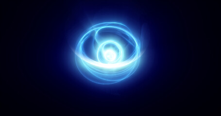 Abstract blue rings spheres from energy magic waves of smoke circles and glowing lines on a black background