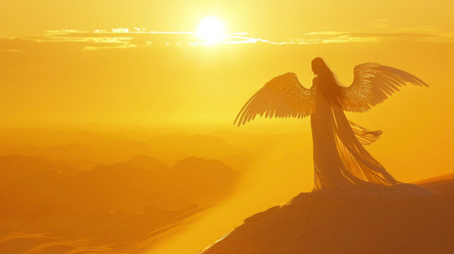 With the setting sun casting a golden glow over the desert a mirage angel stands atop a tall dune her wings spread wide as she watches over the land.