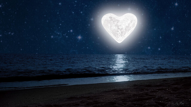 moon heart-shaped shines over sea on valentine's day