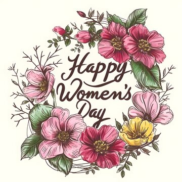 Happy Women's Day 8 March sign with flowers on white background. International Womens Day message .Greeting card concept