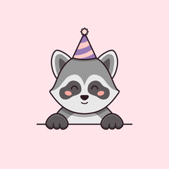 Happy little raccoon is wearing party hat in cartoon style. Vector flat illustration