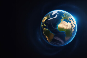 nightly Earth planet in outer space. City lights on planet. Earth day concept. Life of people. Solar system. Panoramic view of the Earth. Sunrise over planet Earth, view from space. Banner copy space