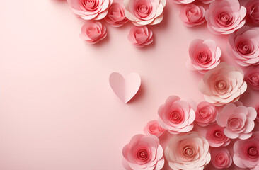 Paper roses with a Valentine's card on a pink background, providing space for text. This charming and romantic image conveys sentiments of love and affection, making it ideal for Valentine's Day