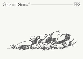 Fototapeta premium Hand drawn vector illustration of grass and rocks on blank backdrop. Isolated sketch.
