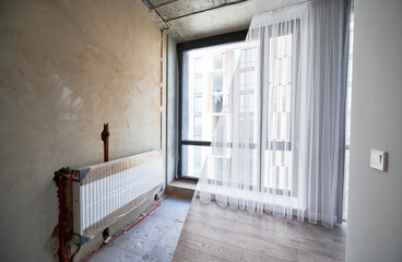 Comparison of apartment flat before and after restoration or refurbishment. Photo collage of old...