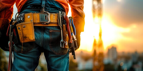 Up-Close View of a Construction Workers Utility Belt Loaded with Various Implements on a Skyscraper Construction Scene at Dusk, Emphasizing Workplace Safety and Diligence
