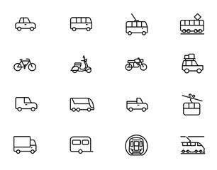A large set of outline icons of public transportation and private vehicles on wheels, such as train, bus, tram, subway, car, bicycle